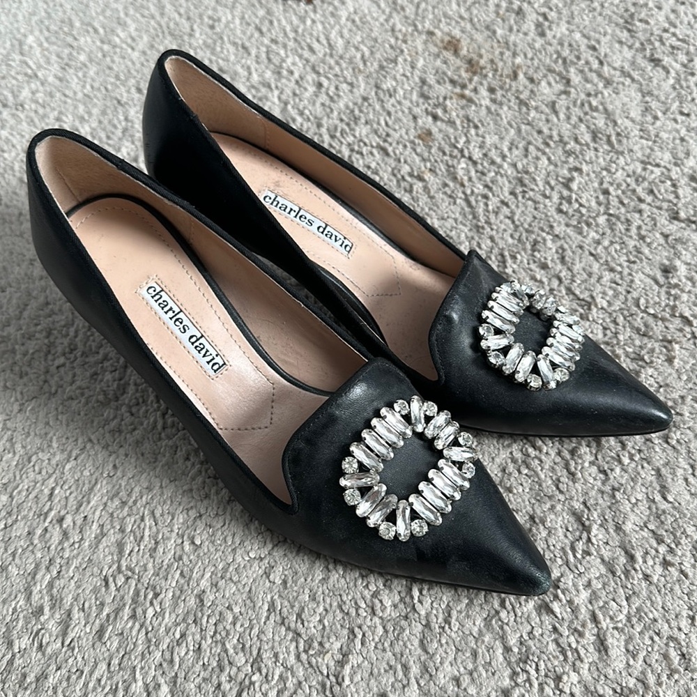 Charles David Black heels with stone embellishment, pointy